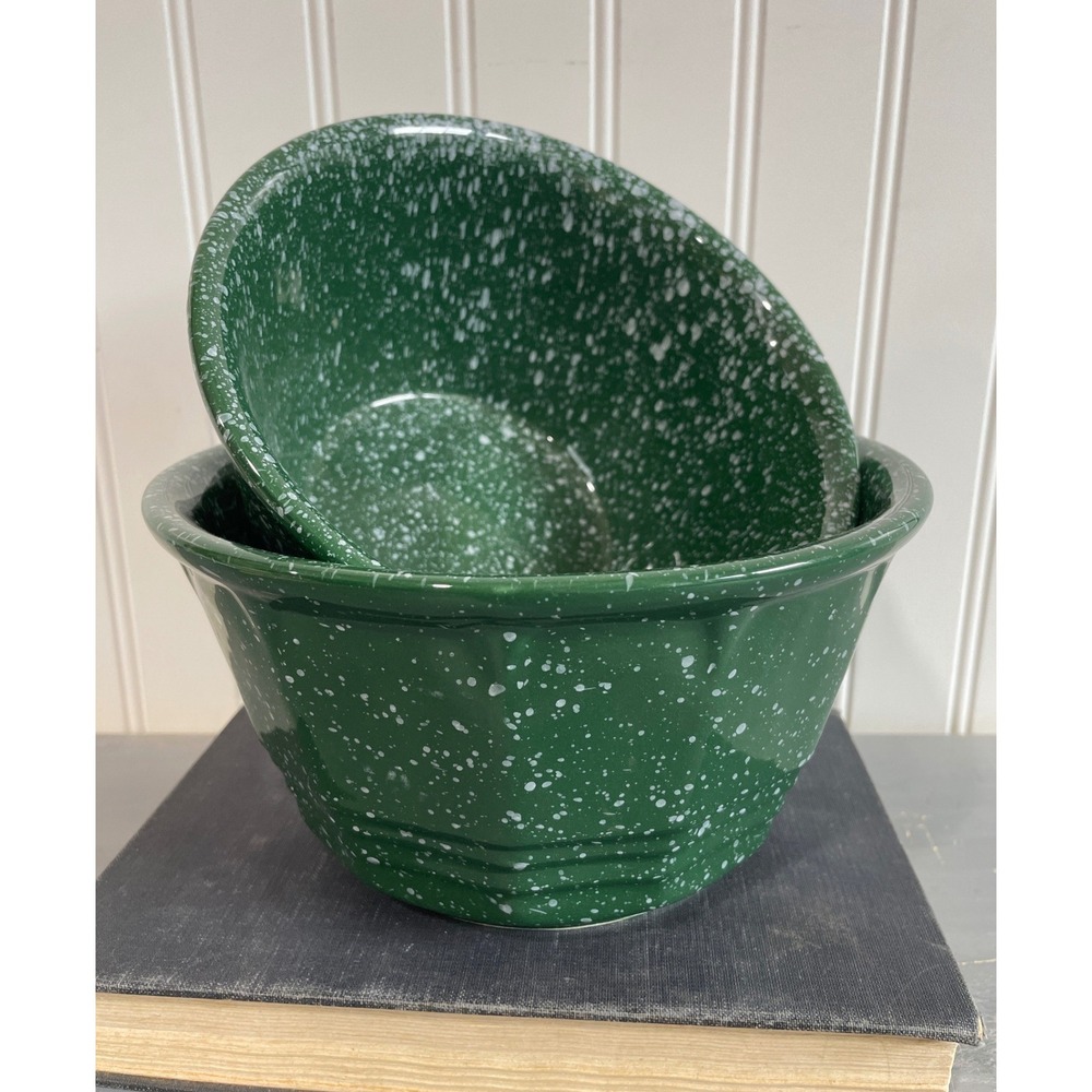 Green Speckleware Splatter Nesting Mixing Bowls Set of 2 Farmhouse Rustic